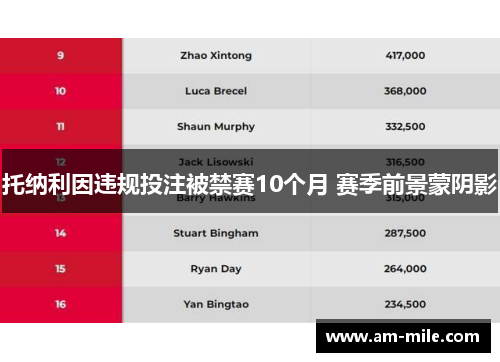 托纳利因违规投注被禁赛10个月 赛季前景蒙阴影